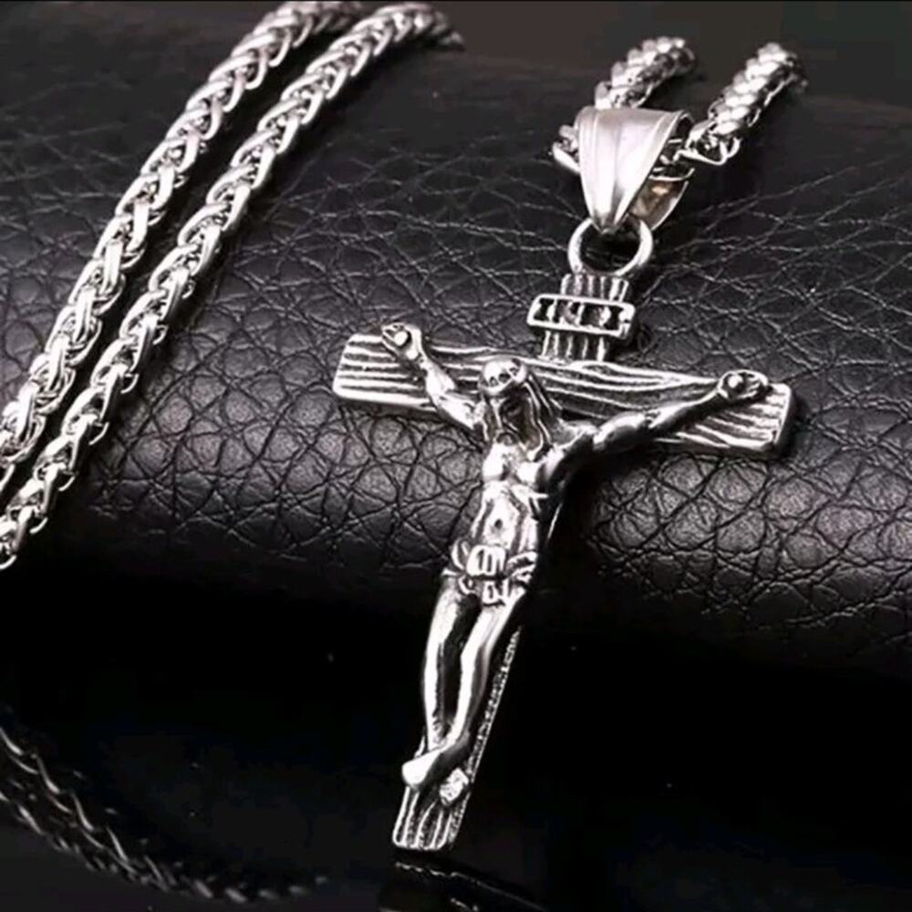 Silver Cross Crucifix INRI Necklace Jesus Men's Anniversary Birthday Gift NEW